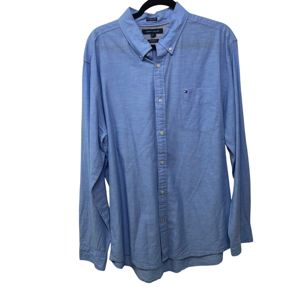 Tommy Hilfiger Men XL Custom Fit Cotton Linen Blue Long Sleeve Button Down Shirt